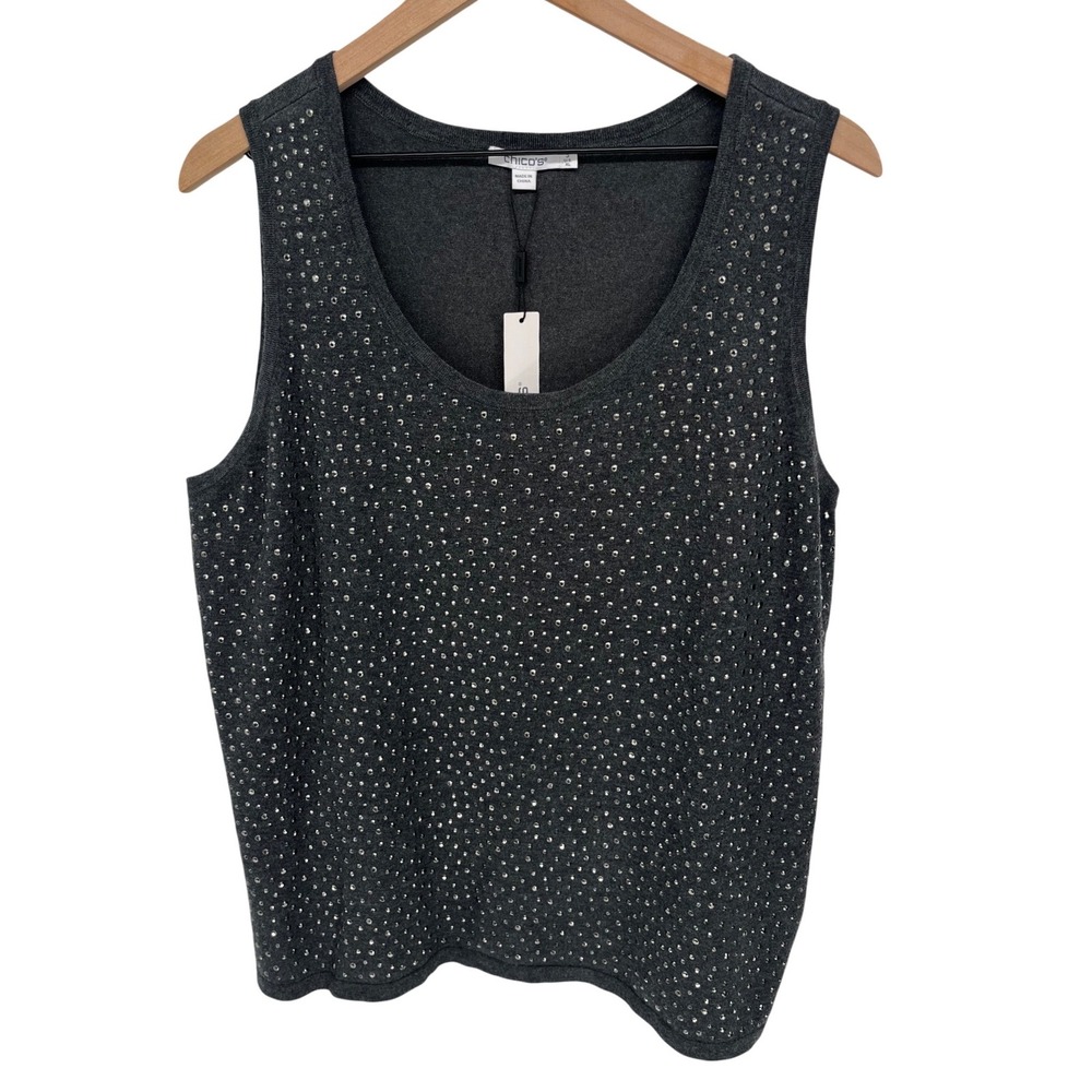 Chicos Pullover Sweater Rhinestone Tank Womens 3 XL Gray Studded Knit NWT‎